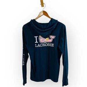 Vineyard Vines Lacrosse Hoodie Tee Navy M Preppy Coastal Sport Whale Logo